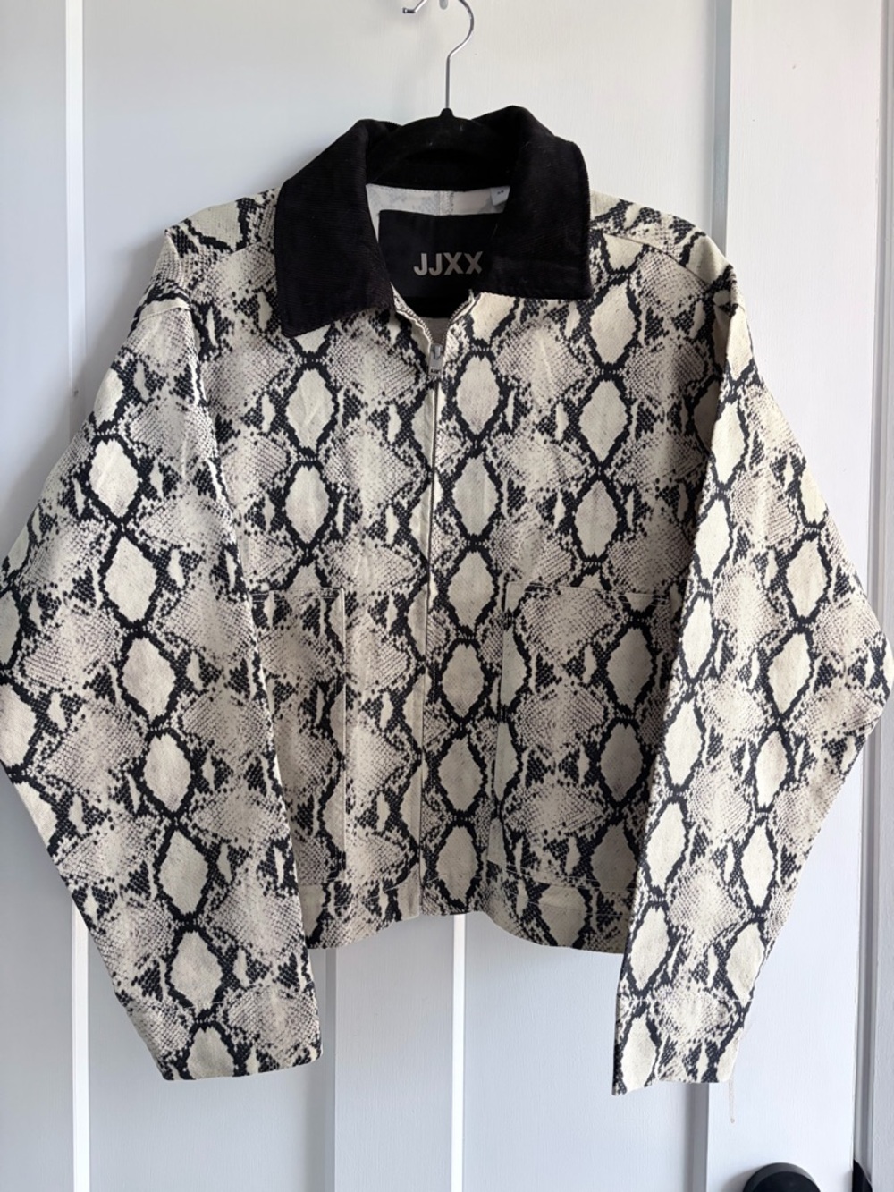 Black & Cream Snake-Print Jean Jacket